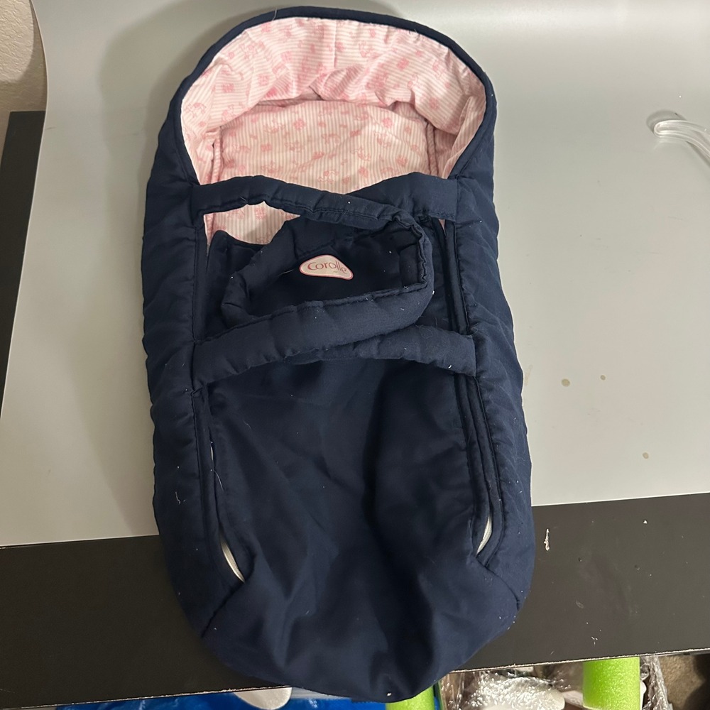 Corolle Navy Blue Quilted Doll Carrier Pink Striped Interior Bassinet Handle